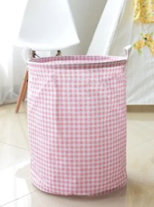1pc Gingham Pattern Storage Basket Dress Pants Shoes Jeans Boots Skirt Laundry Hamper, Washing Basket Bathroom Organizer, Basket, Storage Basket, Foldable Laundry Basket - Pink - View 3