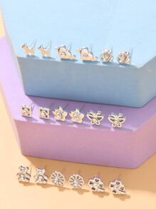 36 对随机花朵和熊装饰耳钉情人节、妈妈、母亲、母亲节、礼物 - 銀色 - 查看 4