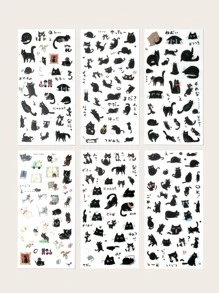 6pcs Black Cat Theme Stickers Decorative Kawaii Cute Cat Stickers Self Adhesive Clipbook Sticker For Laptop Stickers - Multicolor - View 3
