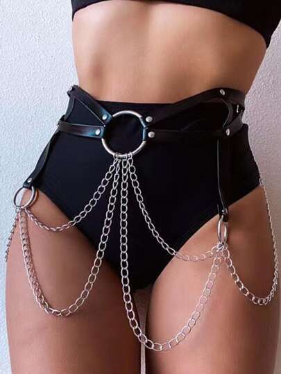 1pc Chain Studded Decor O-ring Belt
