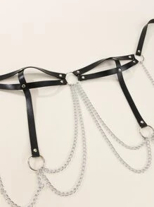 1入組鏈條鉚釘裝飾金屬圓環皮帶 - 黑色 - 查看 2