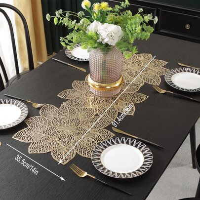 1pc Hollow Out Table Runner, Gold PVC Flower Table Decoration Mat For Dining Room