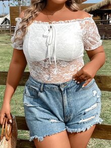 SHEIN LUNE Plus Off Shoulder Knot Front Lace Top - White - View 3