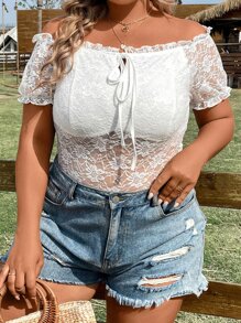 SHEIN LUNE Plus Off Shoulder Knot Front Lace Top - White - View 5