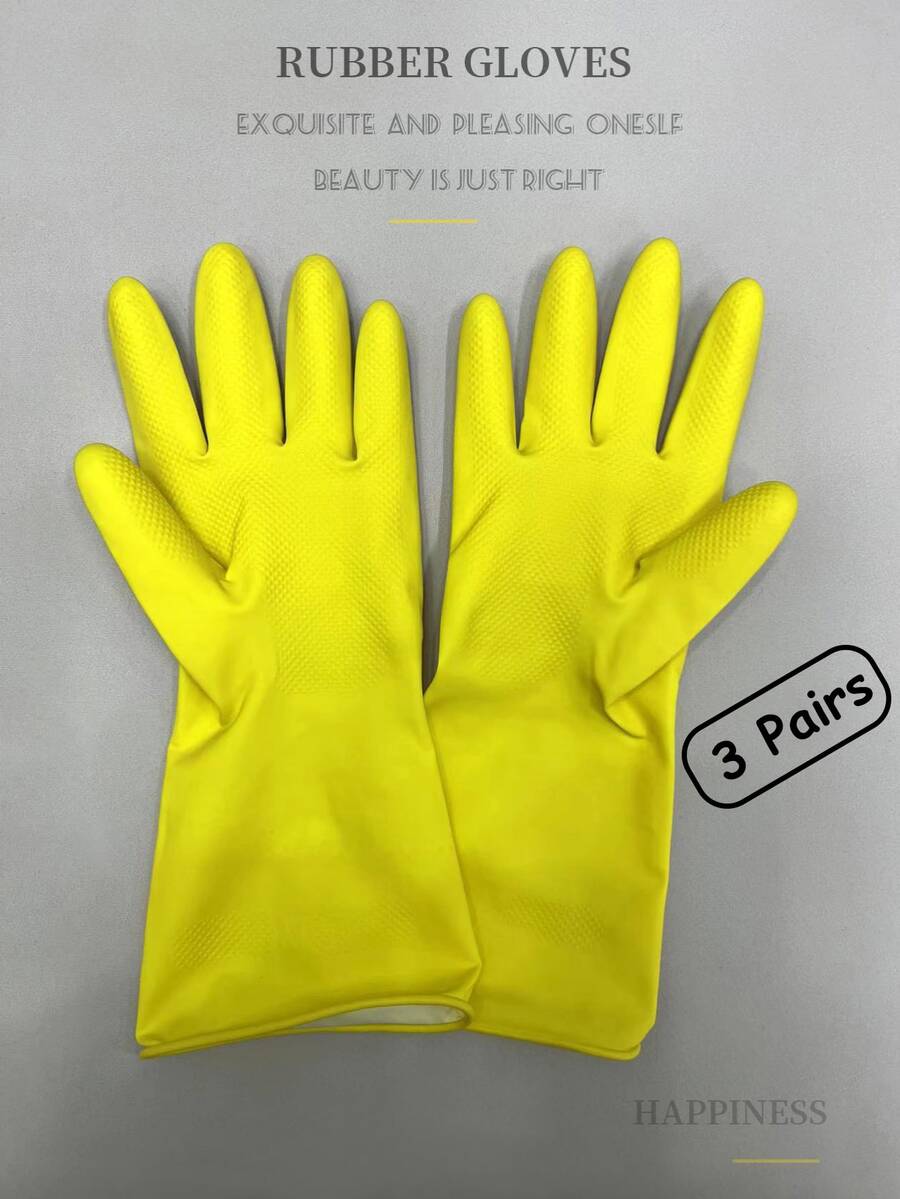 3對乳膠家用手套黃色家用廚房清潔手套