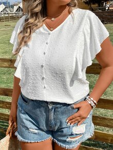 Calvaya Plus Swiss Dot Butterfly Sleeve Blouse - White - View 2