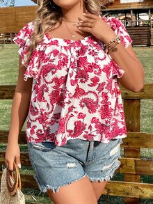 SHEIN Holidaya Áo sơ mi Plus Size Xù Hoa Tất cả trên in Boho - Nhiều màu - Xem 3