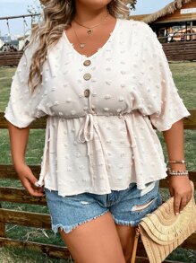 SHEIN LUNE 大碼圓點蝙蝠袖前打結荷葉邊下擺襯衫 - 杏色 - 查看 4