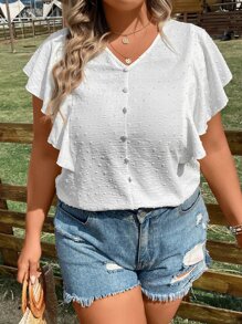 Calvaya Plus Swiss Dot Butterfly Sleeve Blouse - White - View 1