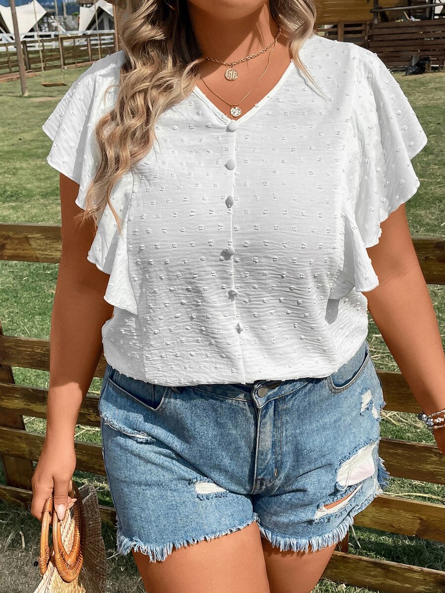 Calvaya Plus Swiss Dot Butterfly Sleeve Blouse - White - View 1