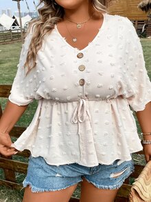 SHEIN LUNE 大碼圓點蝙蝠袖前打結荷葉邊下擺襯衫 - 杏色 - 查看 5