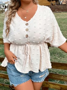 SHEIN LUNE 大碼圓點蝙蝠袖前打結荷葉邊下擺襯衫 - 杏色 - 查看 6