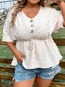 SHEIN LUNE 大碼圓點蝙蝠袖前打結荷葉邊下擺襯衫 - 杏色 - 查看 7