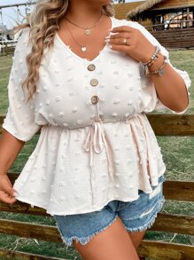 SHEIN LUNE 大碼圓點蝙蝠袖前打結荷葉邊下擺襯衫 - 杏色 - 查看 8