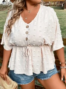 SHEIN LUNE 大碼圓點蝙蝠袖前打結荷葉邊下擺襯衫 - 杏色 - 查看 1