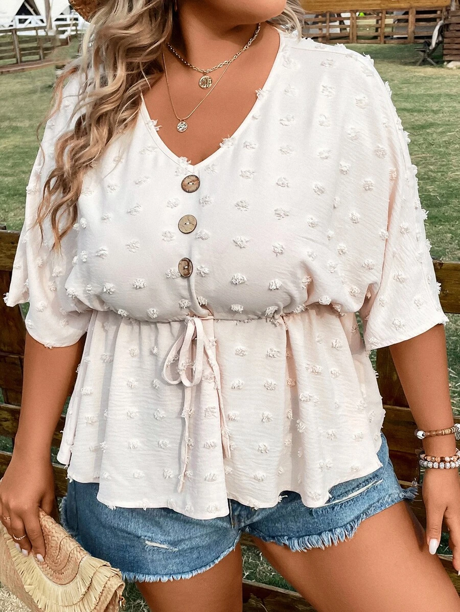 SHEIN LUNE 大碼圓點蝙蝠袖前打結荷葉邊下擺襯衫 - 杏色 - 查看 1