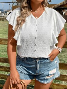 Calvaya Plus Swiss Dot Butterfly Sleeve Blouse - White - View 7