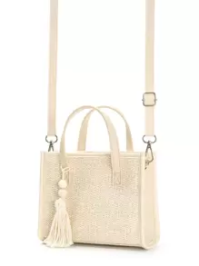 Túi rơm nhỏ tối giản Túi vuông đơn giản, Túi Satchel dệt nhỏ có hạt & tua rua - Màu be - Xem 1