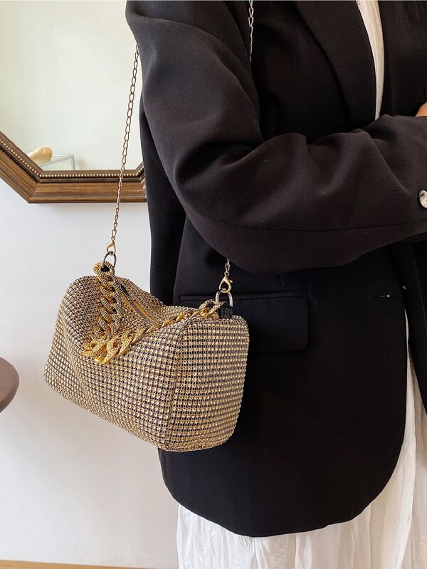 Fashion Evening Bag, Round Cylinder Full Rhinestones Chain Crossbody Bag, Zipper Closure Versatile Shoulder Bag, Sparkly Casual Bag, Glamorous Rhinestone Bag