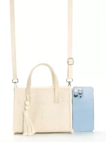 Túi rơm nhỏ tối giản Túi vuông đơn giản, Túi Satchel dệt nhỏ có hạt & tua rua - Màu be - Xem 4
