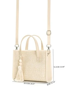 Túi rơm nhỏ tối giản Túi vuông đơn giản, Túi Satchel dệt nhỏ có hạt & tua rua - Màu be - Xem 6