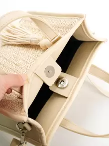 Túi rơm nhỏ tối giản Túi vuông đơn giản, Túi Satchel dệt nhỏ có hạt & tua rua - Màu be - Xem 7