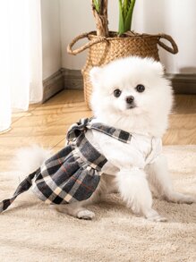 1pc Plaid Print Dress Design Pet Harness & 1pc Pet Leash - Black and White - View 4