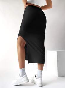 SHEIN EZwear Falda unicolor de muslo con abertura - Negro - Ver 2