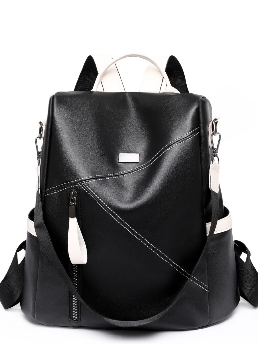 Gỉản lược Da mềm Dung lượng lớn Phong cách Học viện Ba lô - Đen và trắng - Xem 1