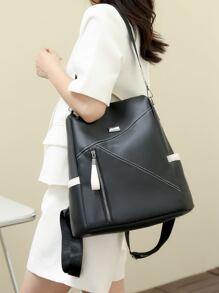 Gỉản lược Da mềm Dung lượng lớn Phong cách Học viện Ba lô - Đen và trắng - Xem 2