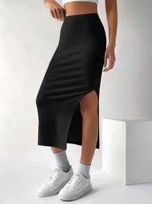 SHEIN EZwear Falda unicolor de muslo con abertura - Negro - Ver 4