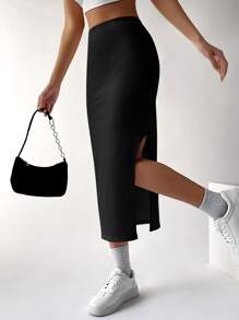 SHEIN EZwear Falda unicolor de muslo con abertura - Negro - Ver 5