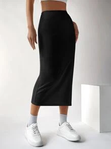 SHEIN EZwear Falda unicolor de muslo con abertura - Negro - Ver 7