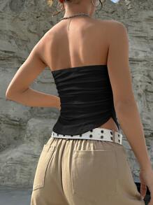 SHEIN EZwear Top bandeau unicolor fruncido bajo curvo - Negro - Ver 2