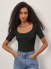 SHEIN BASICS Camiseta unicolor De Cuello Redondo Con Tejido Acanalado - Negro - Ver 1