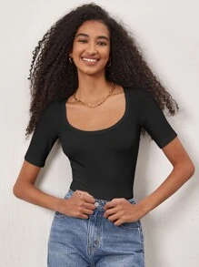 SHEIN BASICS Camiseta unicolor De Cuello Redondo Con Tejido Acanalado - Negro - Ver 3