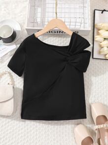 Girls Solid Asymmetrical Neck Tee - Black - View 1