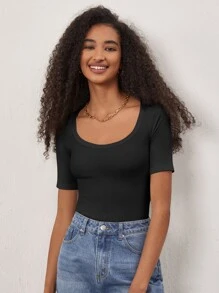 SHEIN BASICS Camiseta unicolor De Cuello Redondo Con Tejido Acanalado - Negro - Ver 5