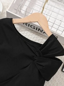 Girls Solid Asymmetrical Neck Tee - Black - View 4