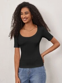 SHEIN BASICS Camiseta unicolor De Cuello Redondo Con Tejido Acanalado - Negro - Ver 6