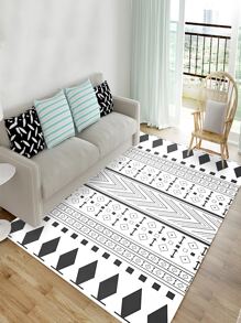 1pc Geometric Pattern Rug, Modern Polyester Rug For Home - Black and White - View 2