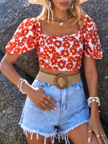 SHEIN VCAY 印花泡泡袖短款襯衫 - 彩色 - 查看 5