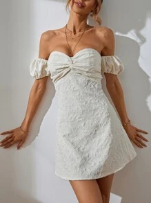 GENKIRA Vestido de hombros descubiertos girante delantero - Beis - Ver 5