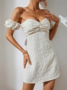 GENKIRA Vestido de hombros descubiertos girante delantero - Beis - Ver 6