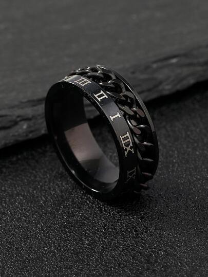 1pc Men Roman Numeral Detail Chain Decor Ring, Stainless Steel Jewelry Goth Punk Jewelry for Jewelry Gift