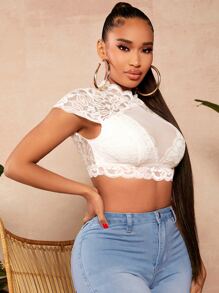 SHEIN SXY Mock Neck Crop Lace Top Without Bra - White - View 5