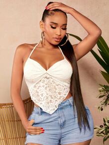 SHEIN SXY Twist Front Bandana Hem Backless Crop Lace Halter Top - White - View 5