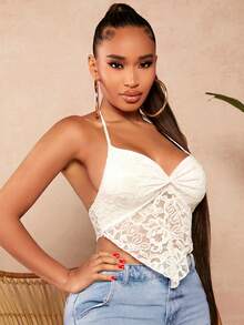 SHEIN SXY Twist Front Bandana Hem Backless Crop Lace Halter Top - White - View 6