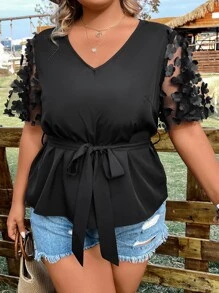 SHEIN LUNE Plus Appliques Contrast Mesh Belted Blouse - Black - View 1