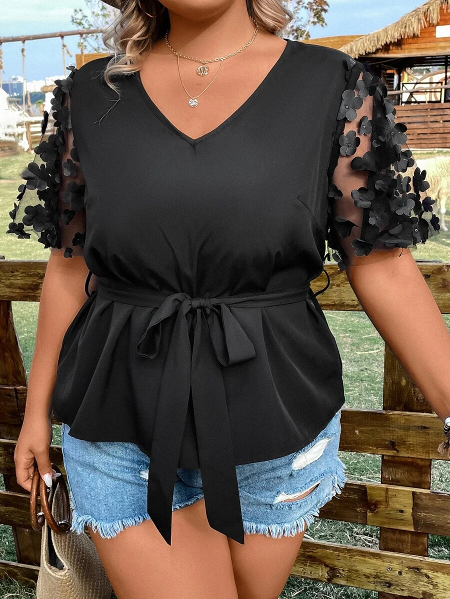 SHEIN LUNE Plus Appliques Contrast Mesh Belted Blouse - Black - View 1